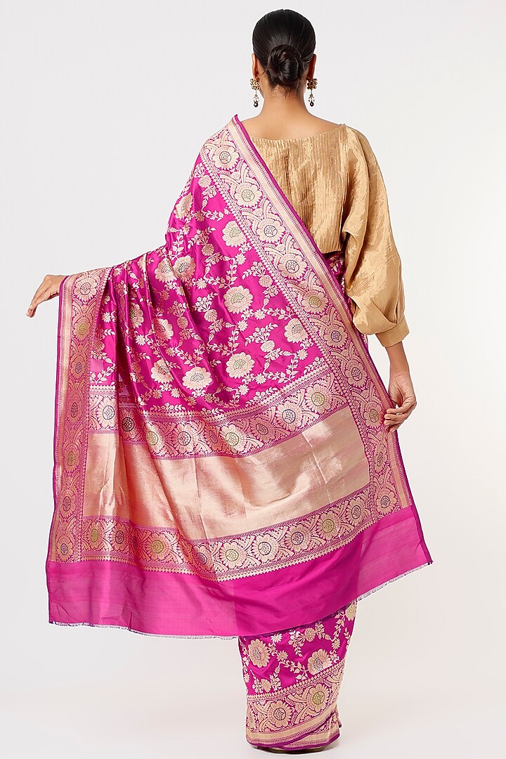 Rani Pink Banarasi Silk Jaal Work Reception Saree by Delhi Vintage at Pernia's Pop Up Shop