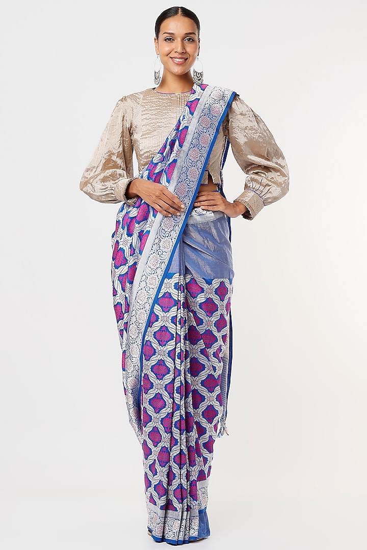Blue Banarasi Silk Jaal Work Handwoven Saree by Delhi Vintage