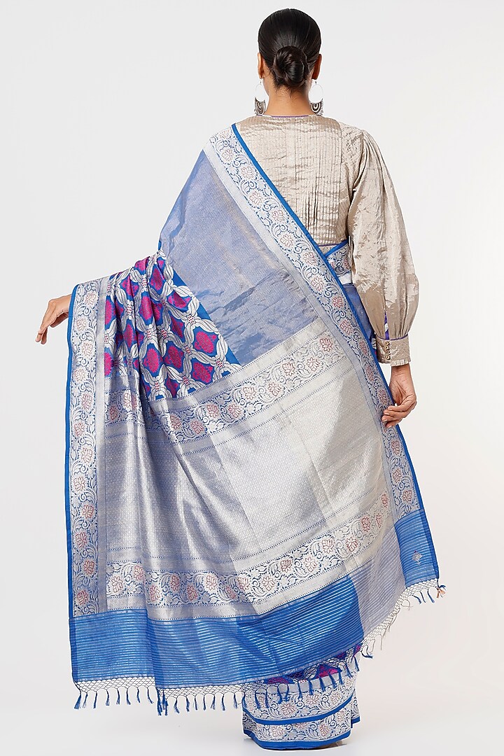 Blue Banarasi Silk Jaal Work Handwoven Reception Saree by Delhi Vintage at Pernia's Pop Up Shop