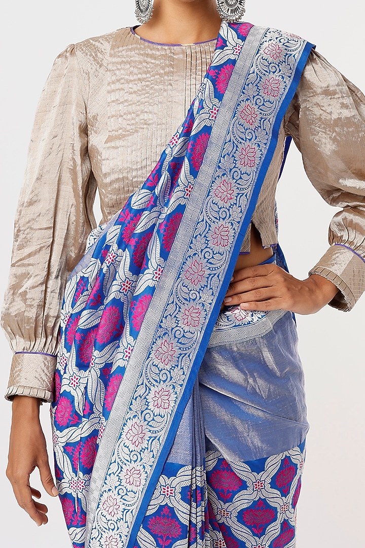 Blue Banarasi Silk Jaal Work Handwoven Reception Saree by Delhi Vintage at Pernia's Pop Up Shop
