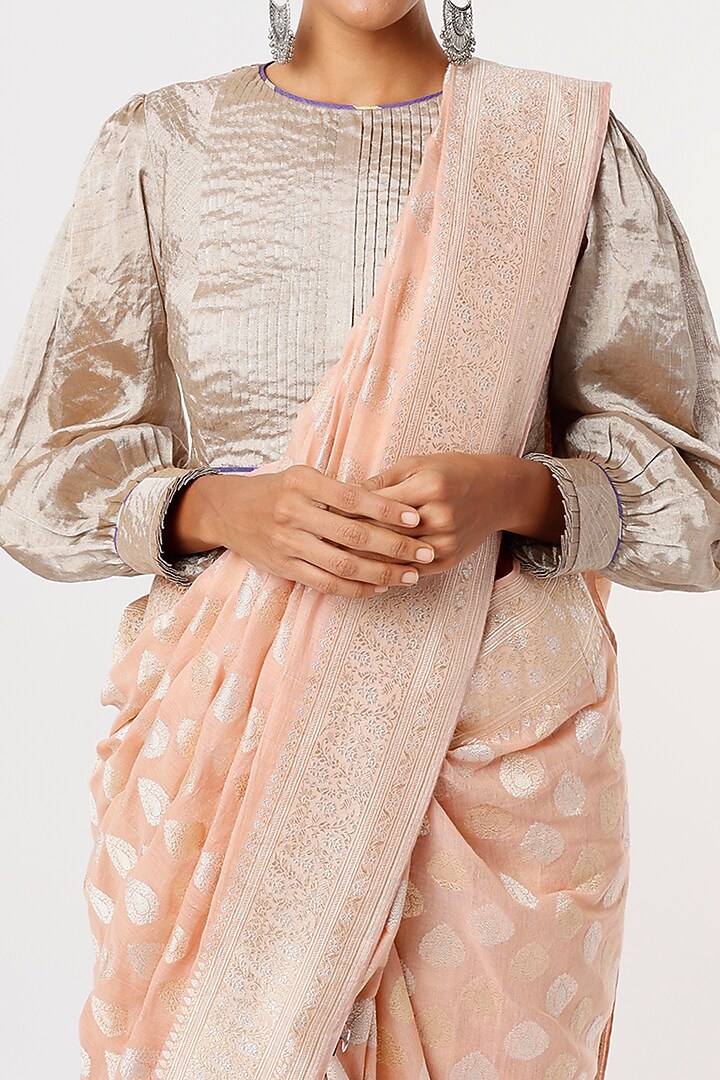 Peach Banarasi Cotton Wedding Saree by Delhi Vintage at Pernia's Pop Up Shop