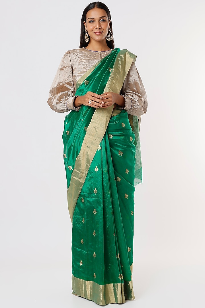 Emerald Green Chanderi Silk Saree by Delhi Vintage