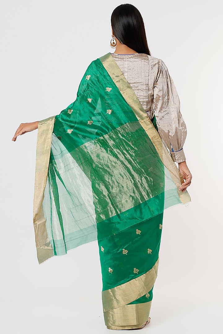 Emerald Green Chanderi Silk Party Wear Saree by Delhi Vintage at Pernia's Pop Up Shop