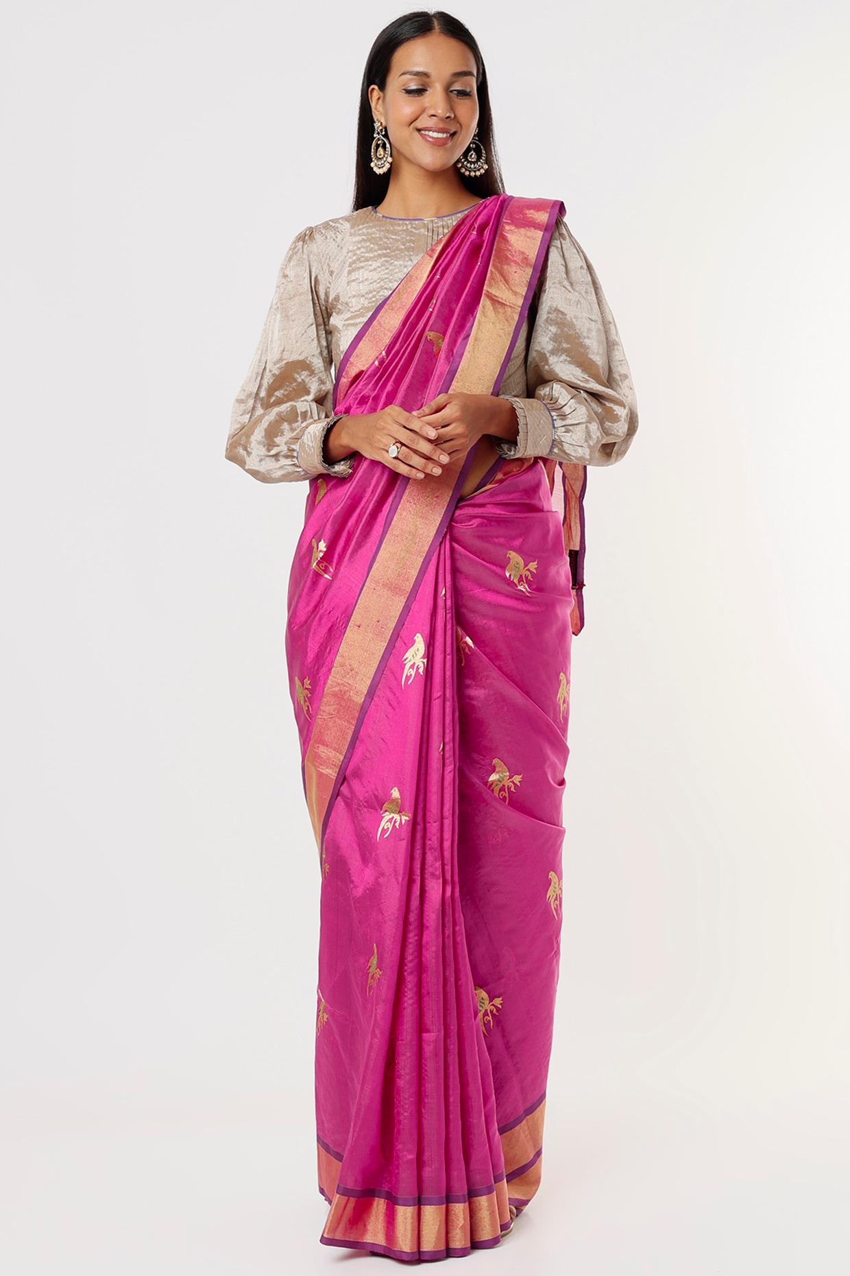 Rani pink chanderi silk saree with flower bootis all over – Roots Handloom