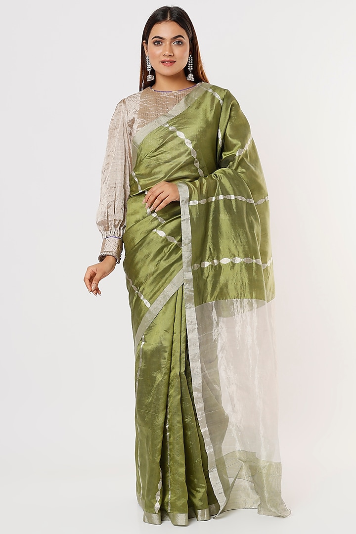 Olive Green Chanderi Silk Saree by Delhi Vintage