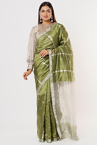 Olive Green Chanderi Silk Saree by Delhi Vintage