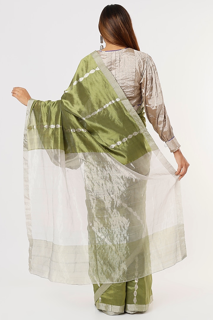 Olive Green Chanderi Silk Party Wear Saree by Delhi Vintage at Pernia's Pop Up Shop