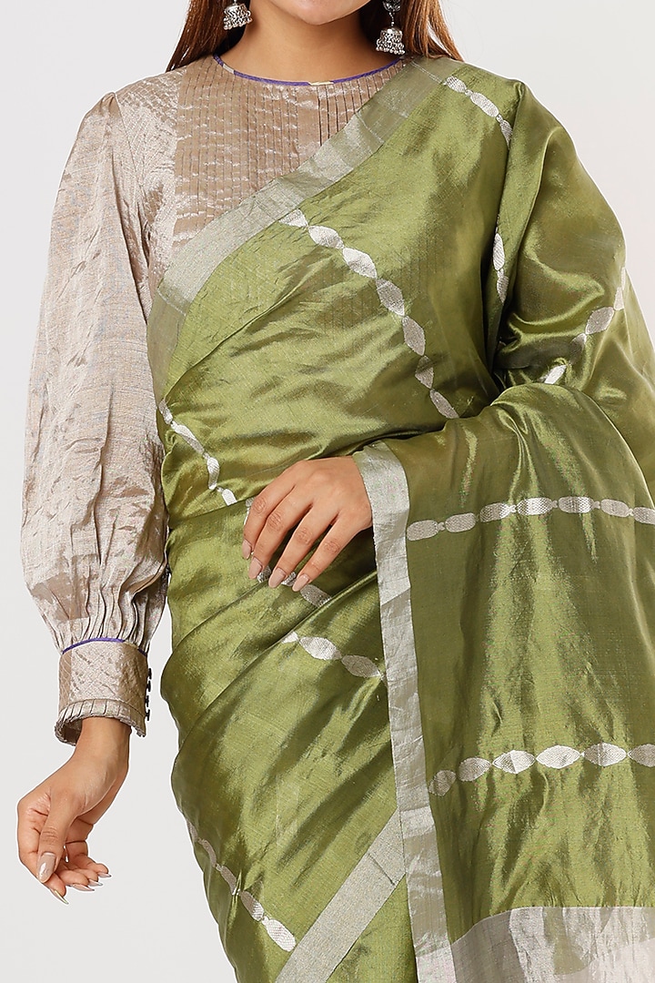 Olive Green Chanderi Silk Party Wear Saree by Delhi Vintage at Pernia's Pop Up Shop