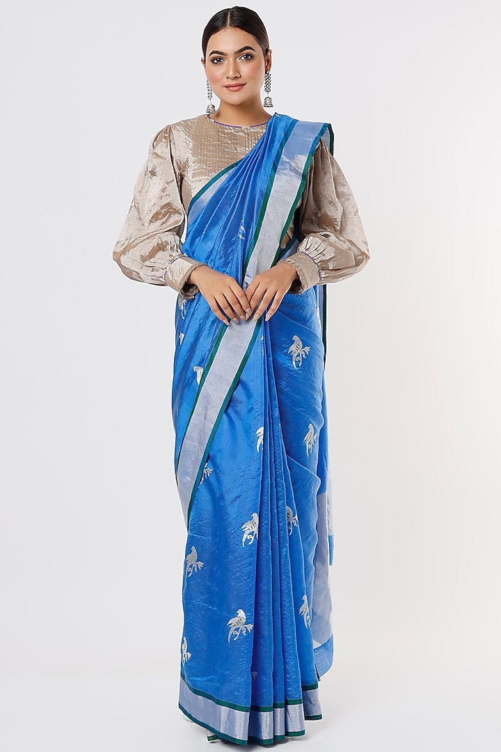 Blue Chanderi Silk Saree by Delhi Vintage