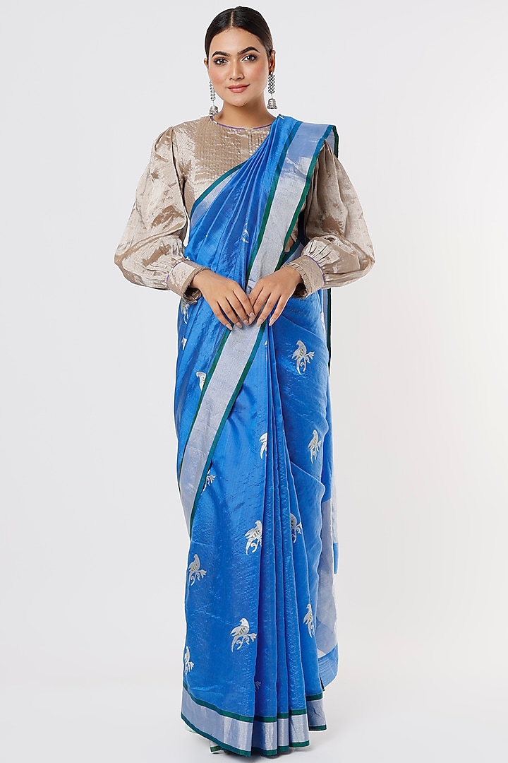 Blue Chanderi Silk Saree by Delhi Vintage at Pernia's Pop Up Shop