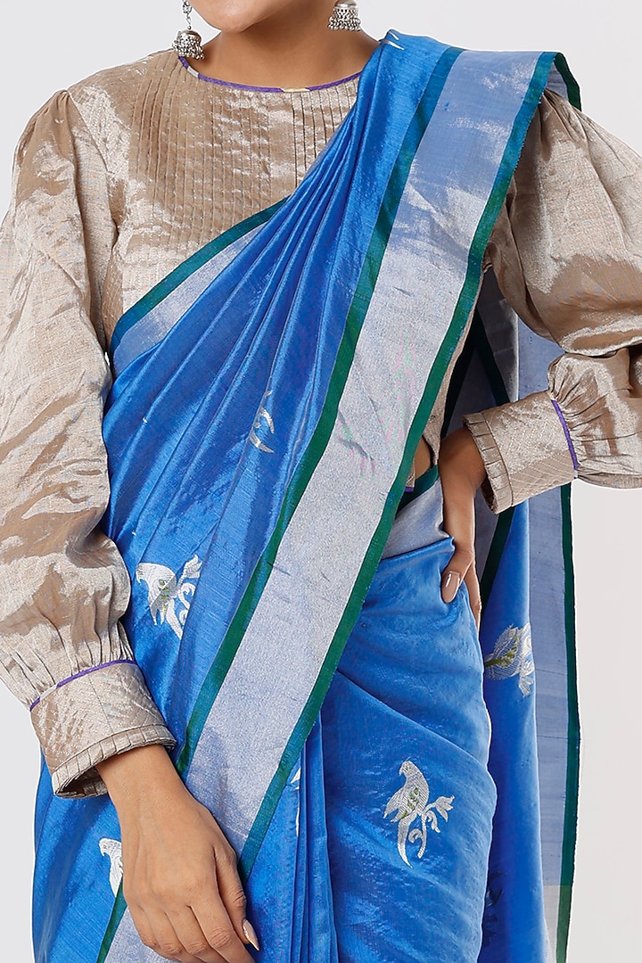 Blue Chanderi Silk Party Wear Saree by Delhi Vintage at Pernia's Pop Up Shop