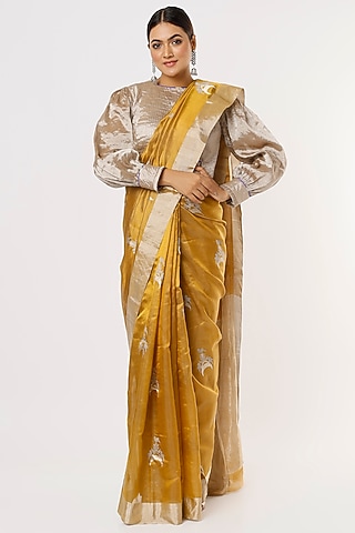 Mustard Chanderi Silk Saree by Delhi Vintage