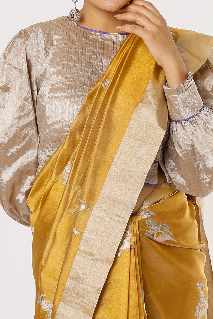 Mustard Chanderi Silk Party Wear Saree by Delhi Vintage at Pernia's Pop Up Shop