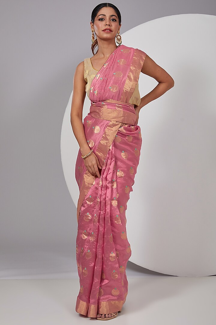 Pink Chanderi Silk Saree by Delhi Vintage