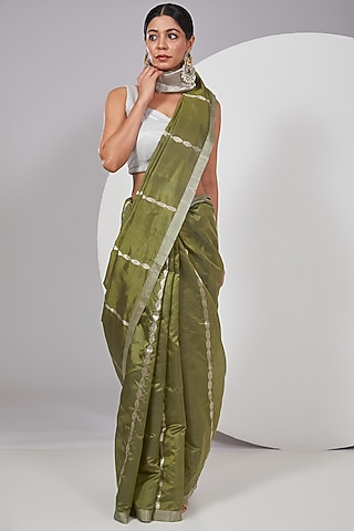 Green Chanderi Silk Saree by Delhi Vintage