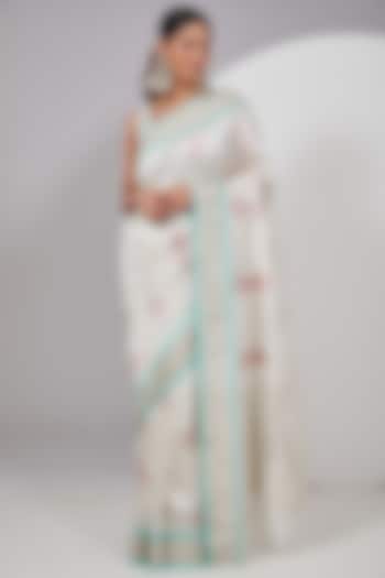 White Chanderi Silk Saree by Delhi Vintage