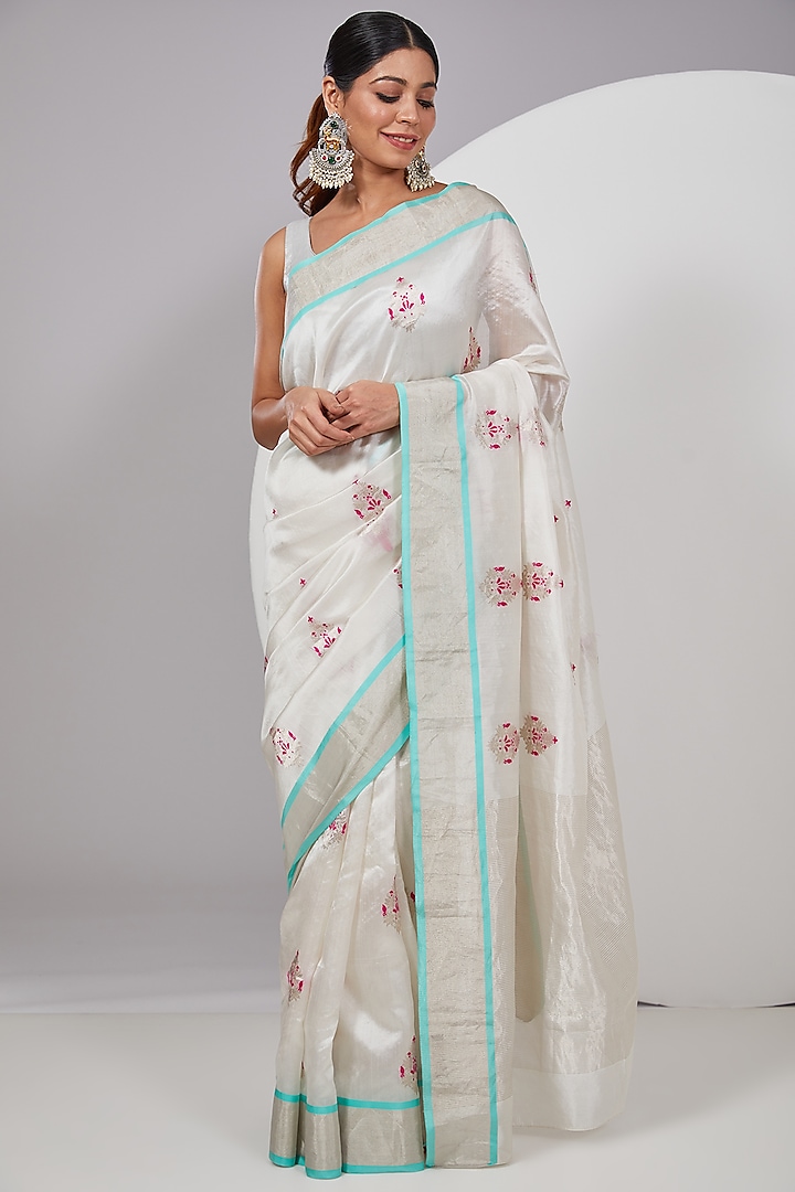 White Chanderi Silk Saree by Delhi Vintage