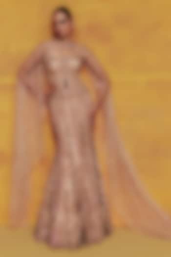 Golden Tulle Zardosi Embroidered Cocktail Bridal Lehenga Set by Dolly J at Pernia's Pop Up Shop