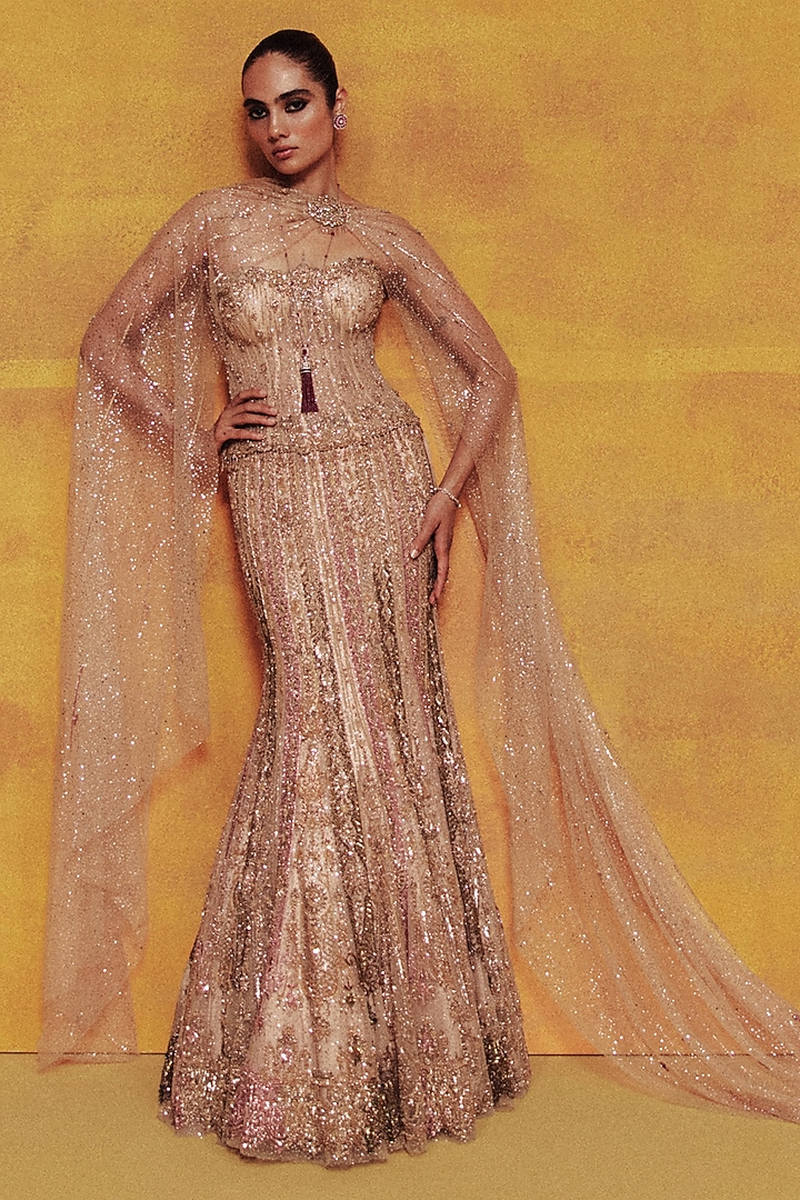 Golden Tulle Zardosi Embroidered Cocktail Bridal Lehenga Set by Dolly J at Pernia's Pop Up Shop