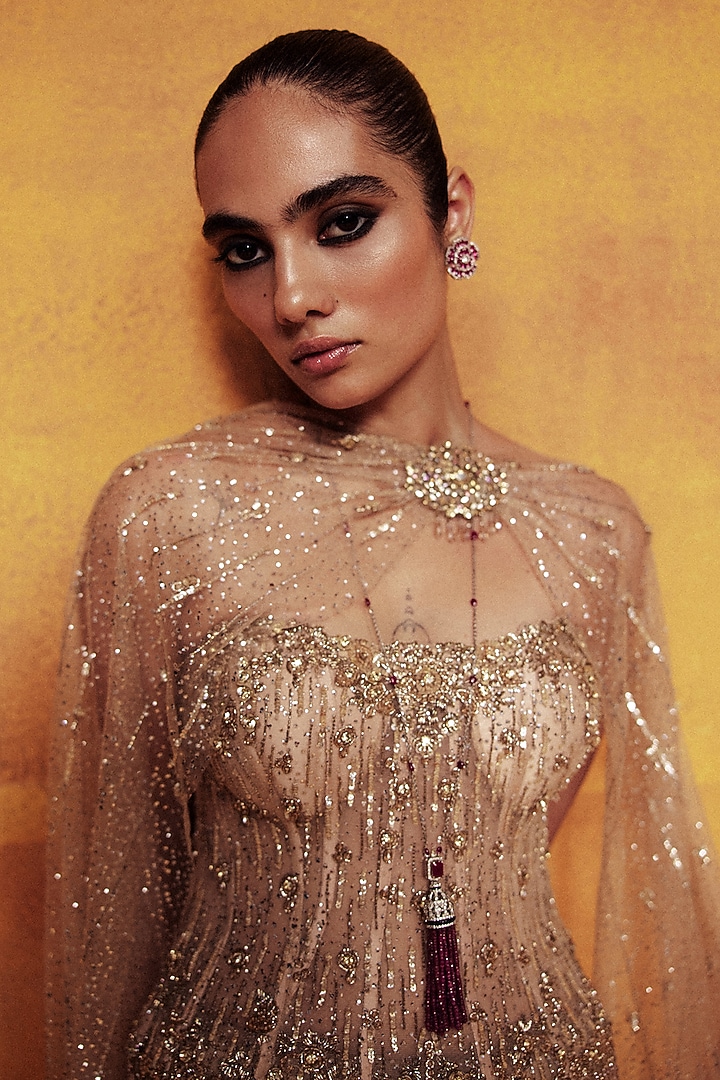 Golden Tulle Zardosi Embroidered Cocktail Bridal Lehenga Set by Dolly J at Pernia's Pop Up Shop
