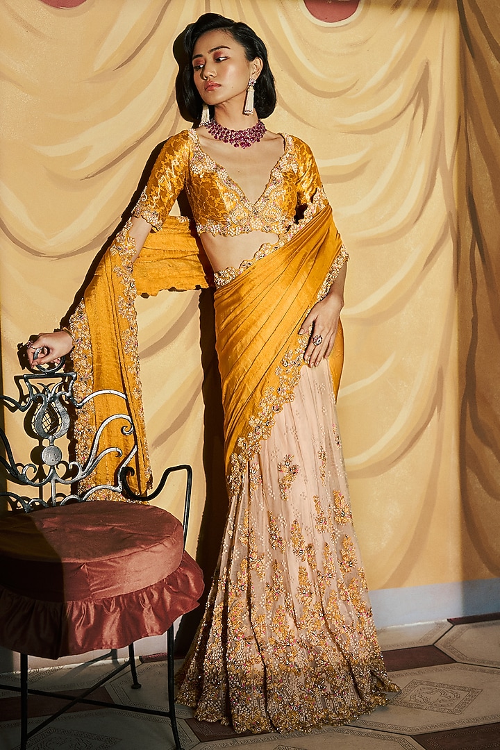 Ivory & Golden Broacde Kalidar Bridal Saree Set by Dolly J at Pernia's Pop Up Shop