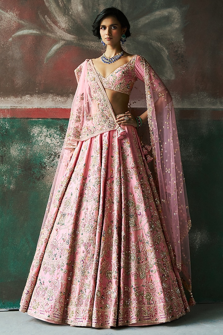Baby Pink Raw Silk Tissue Dori Embroidered Bridal Lehenga Set by Dolly J at Pernia's Pop Up Shop