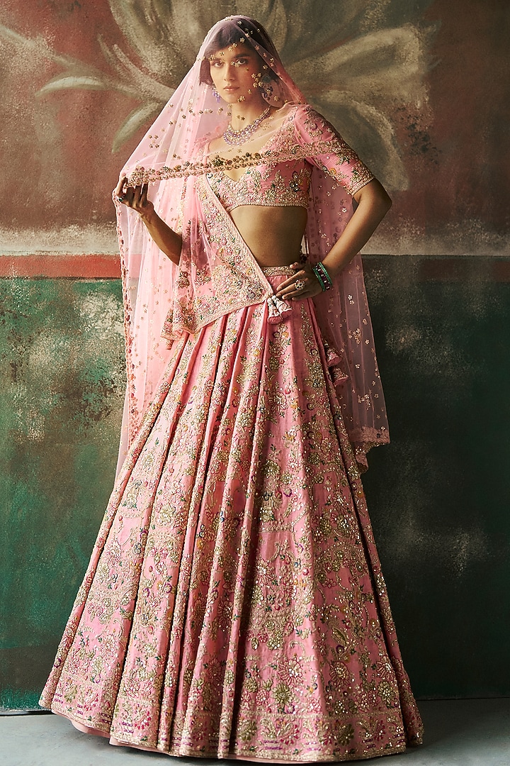 Baby Pink Raw Silk Tissue Dori Embroidered Bridal Lehenga Set by Dolly J at Pernia's Pop Up Shop