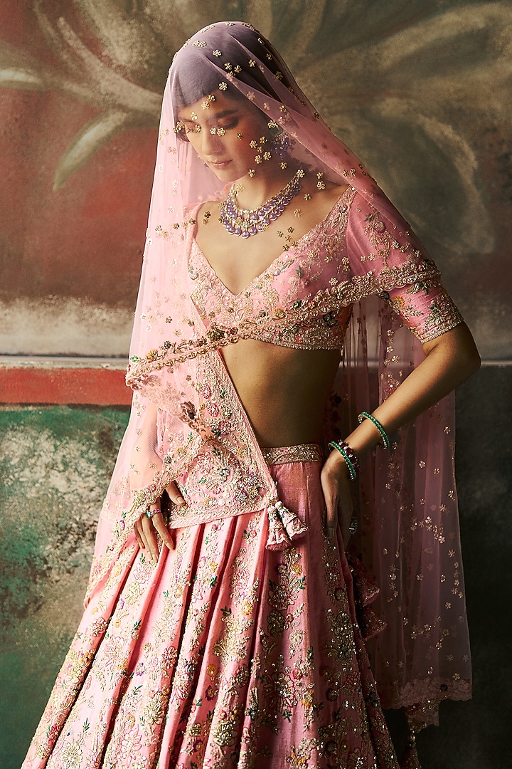 Baby Pink Raw Silk Tissue Dori Embroidered Bridal Lehenga Set by Dolly J at Pernia's Pop Up Shop
