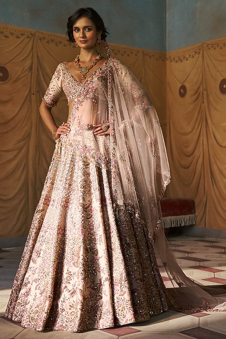 Eggshell Hue Silk Zardosi Embroidered Bridal Lehenga Set by Dolly J at Pernia's Pop Up Shop