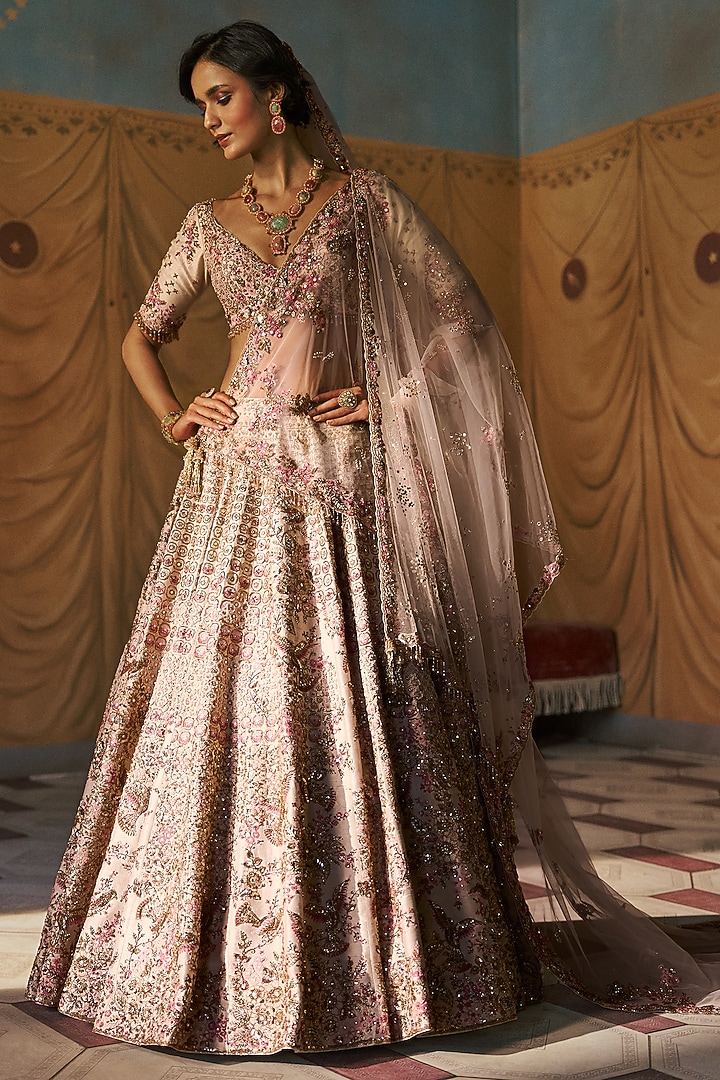 Eggshell Hue Silk Zardosi Embroidered Bridal Lehenga Set by Dolly J at Pernia's Pop Up Shop