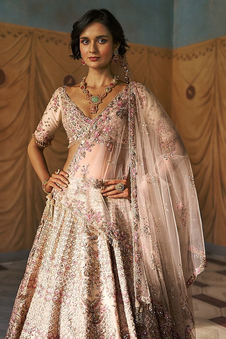 Eggshell Hue Silk Zardosi Embroidered Bridal Lehenga Set by Dolly J at Pernia's Pop Up Shop