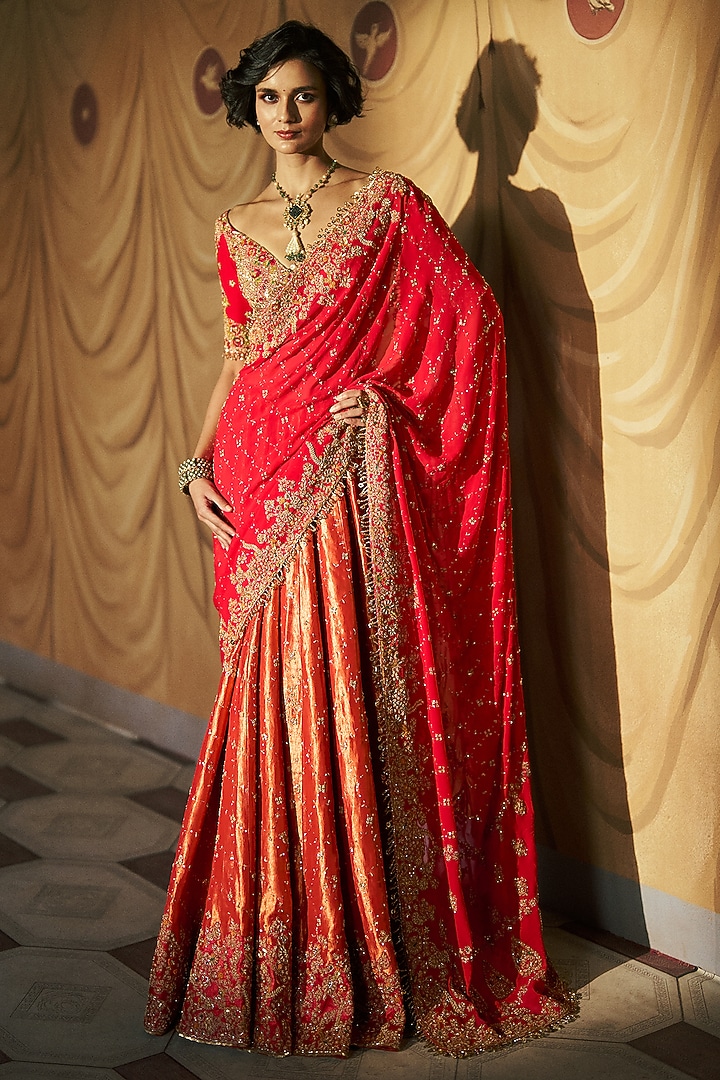 Red-Saffron Tissue Kalidar Bridal Saree Set by Dolly J at Pernia's Pop Up Shop