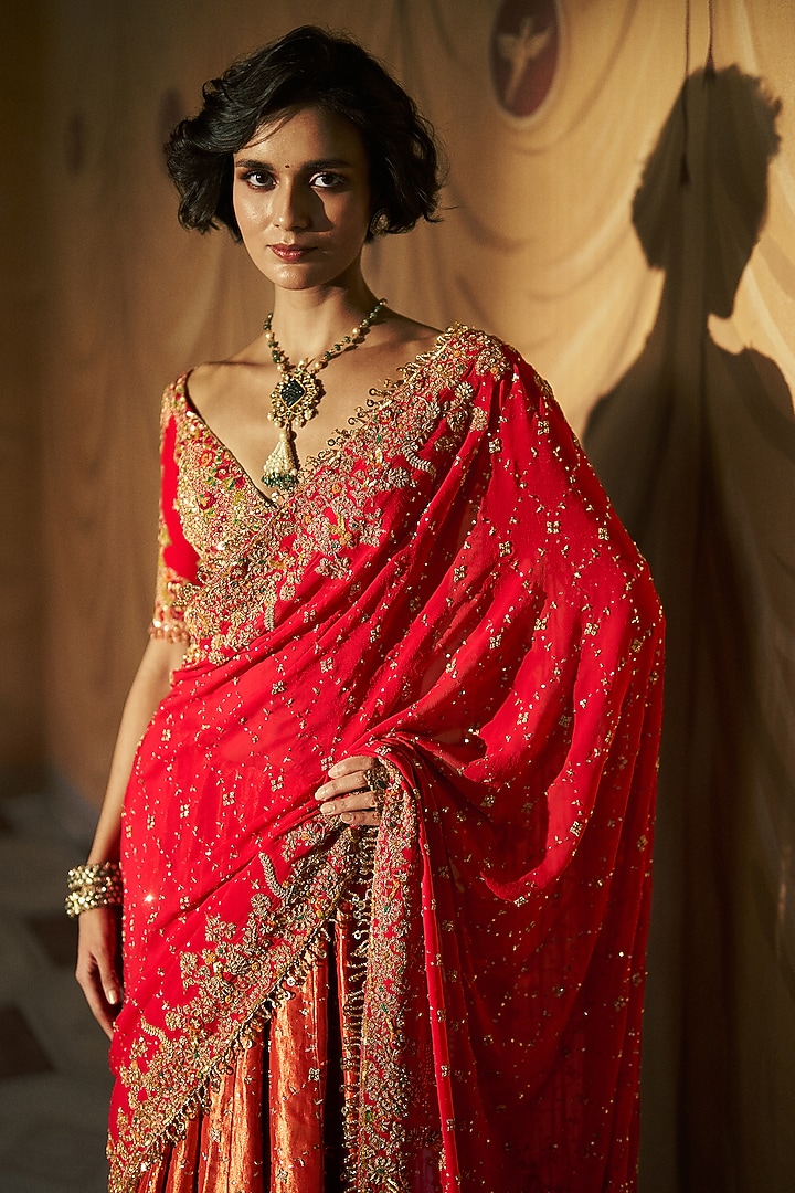 Red-Saffron Tissue Kalidar Bridal Saree Set by Dolly J at Pernia's Pop Up Shop