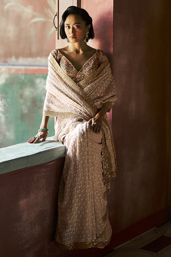 Ivory Chikankari Hand Embroidered Bridal Saree Set by Dolly J at Pernia's Pop Up Shop