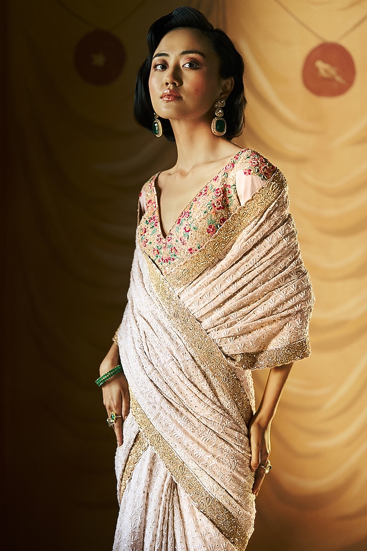 Ivory Chikankari Hand Embroidered Bridal Saree Set by Dolly J at Pernia's Pop Up Shop