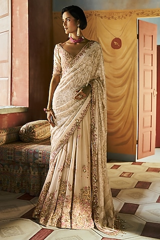 Pearl White Chiffon Chikankari Saree Set by Dolly J