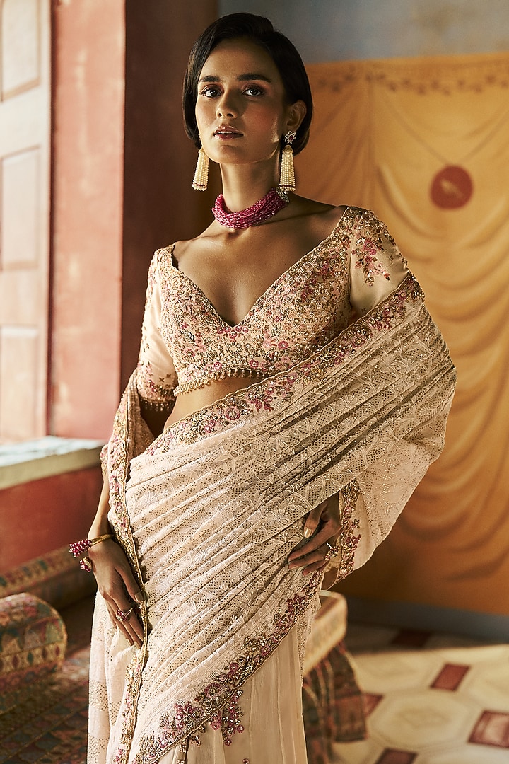 Pearl White Chiffon Chikankari Bridal Saree Set by Dolly J at Pernia's Pop Up Shop