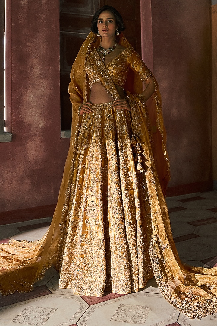 Golden Tissue Embroidered Bridal Lehenga Set by Dolly J at Pernia's Pop Up Shop