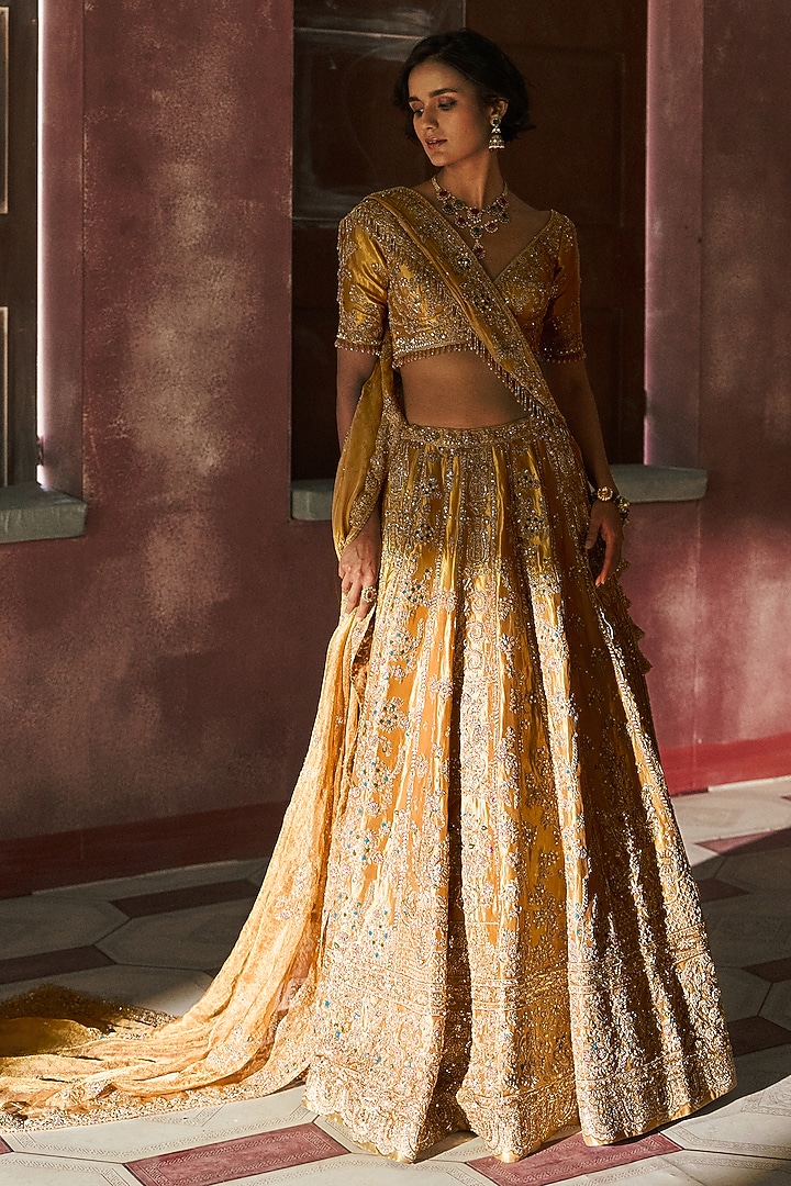 Golden Tissue Embroidered Bridal Lehenga Set by Dolly J at Pernia's Pop Up Shop
