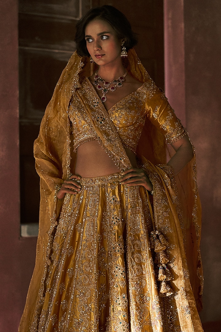 Golden Tissue Embroidered Bridal Lehenga Set by Dolly J at Pernia's Pop Up Shop