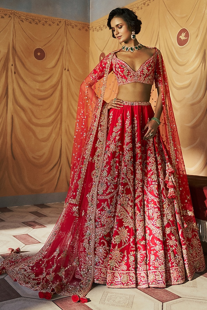 Red Raw Silk Heirloom Embroidered Bridal Lehenga Set by Dolly J at Pernia's Pop Up Shop