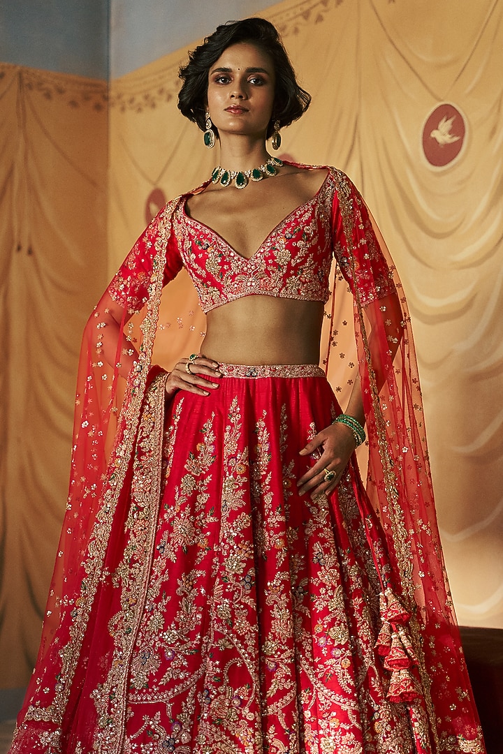 Red Raw Silk Heirloom Embroidered Bridal Lehenga Set by Dolly J at Pernia's Pop Up Shop