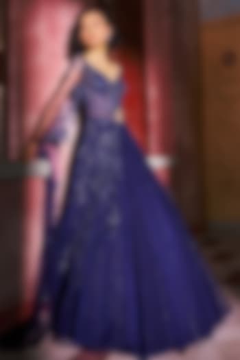 Midnight Blue Tulle Tassels Embellished Jacket Kurta With Skirt by Dolly J at Pernia's Pop Up Shop