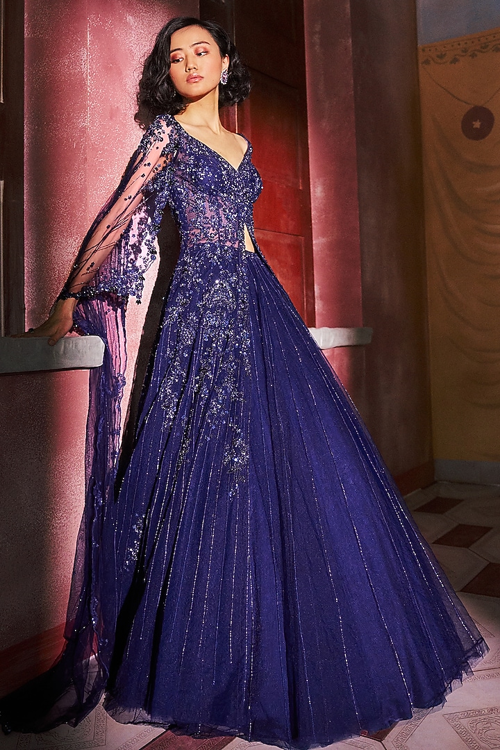 Midnight Blue Tulle Tassels Embellished Jacket Kurta With Skirt by Dolly J at Pernia's Pop Up Shop