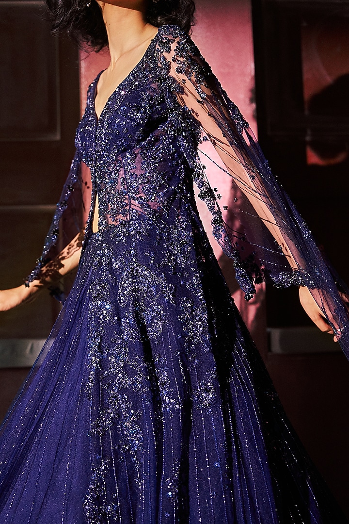 Midnight Blue Tulle Tassels Embellished Jacket Kurta With Skirt by Dolly J at Pernia's Pop Up Shop