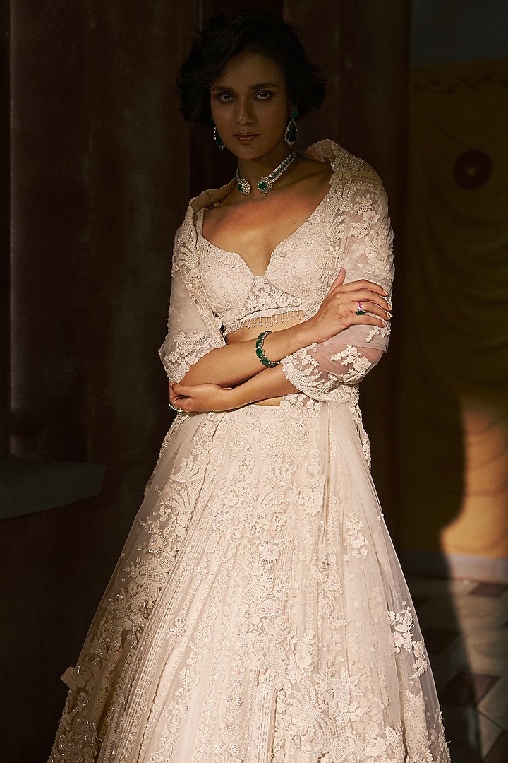 White Net Kiran-Dori Embroidered Bridal Lehenga Set by Dolly J at Pernia's Pop Up Shop