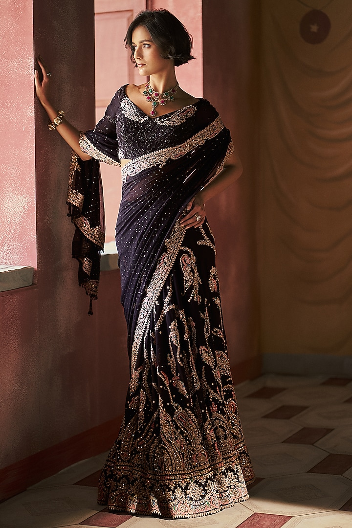 Black Chiffon Kasab Embroidered Kamdani Bridal Saree Set by Dolly J at Pernia's Pop Up Shop