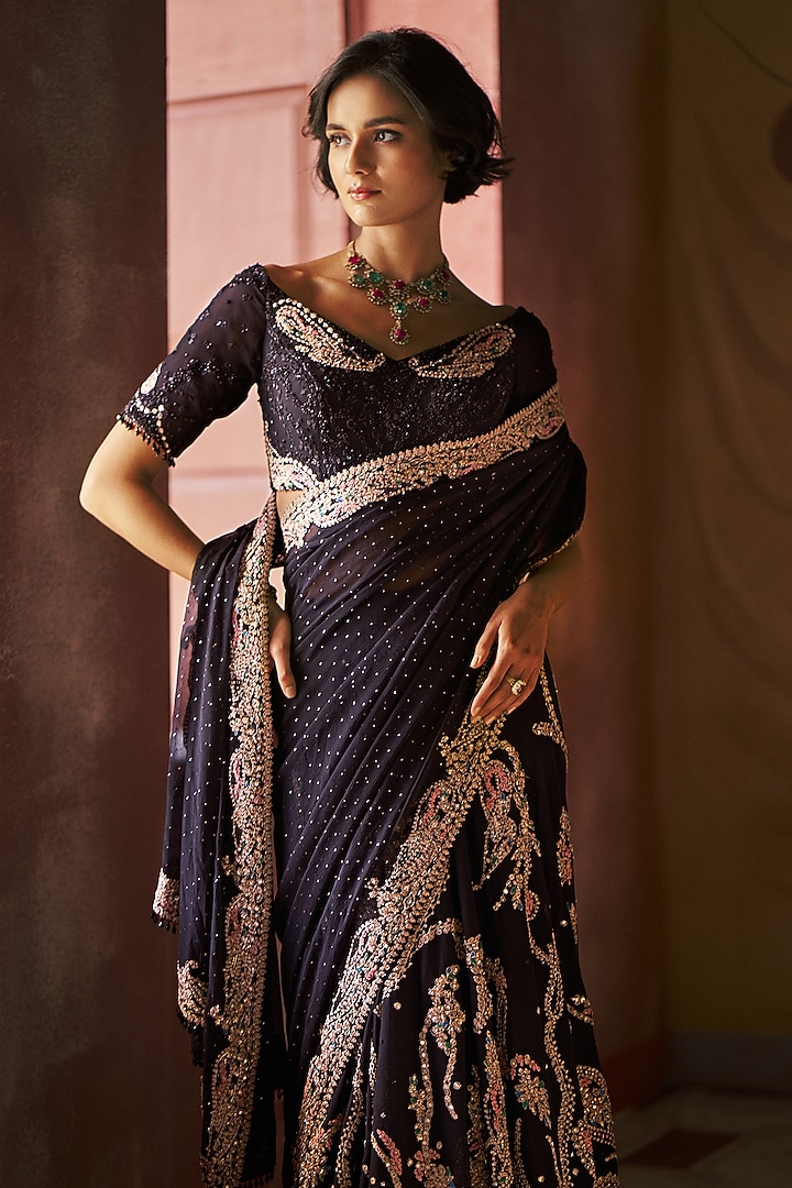 Black Chiffon Kasab Embroidered Kamdani Bridal Saree Set by Dolly J at Pernia's Pop Up Shop