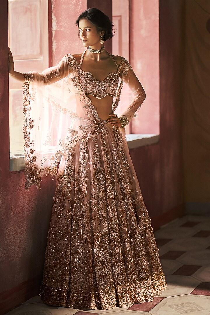 Pearl White Net Dori Embroidered Bridal Lehenga Set by Dolly J at Pernia's Pop Up Shop