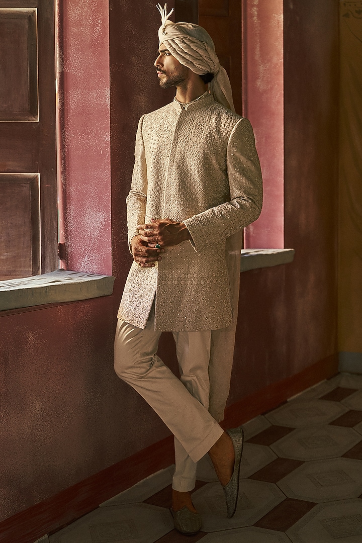 Sandstone Tissue Threadwork Embroidered Groom Sherwani Set by Dolly J MAN at Pernia's Pop Up Shop